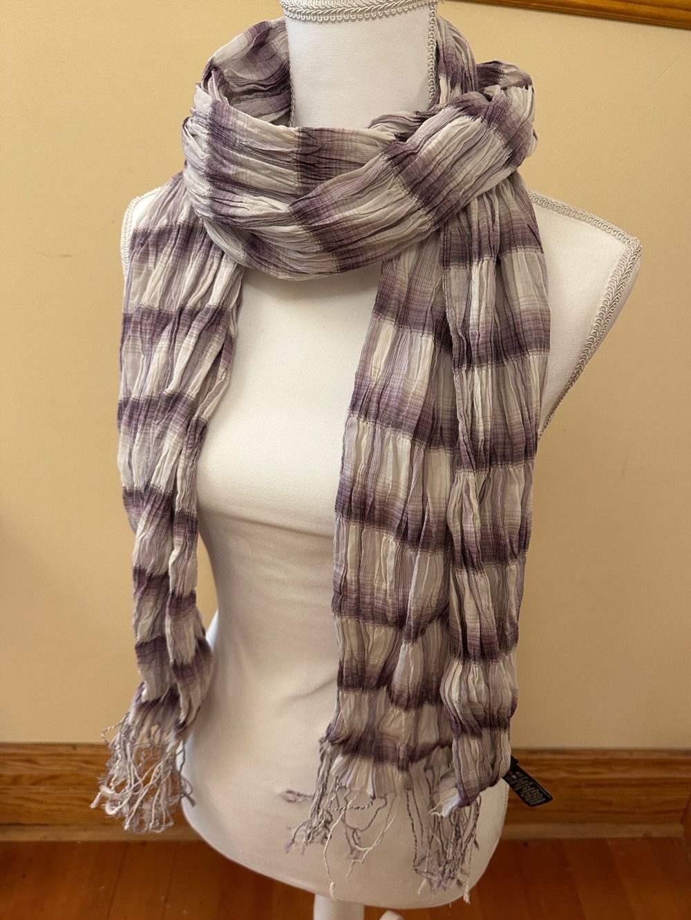 Eddie Bauer - Cream & Lavender plaid light Fringe Scarf - 99% cotton